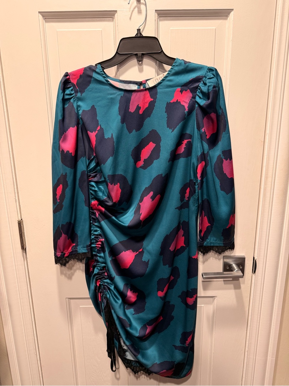 Teal & Pink Long Sleeve Ruched Dress